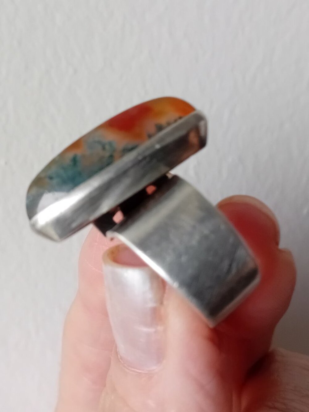 Vintage 925 Silver Poland Ring With Marqis Cut Unakite Jasper
